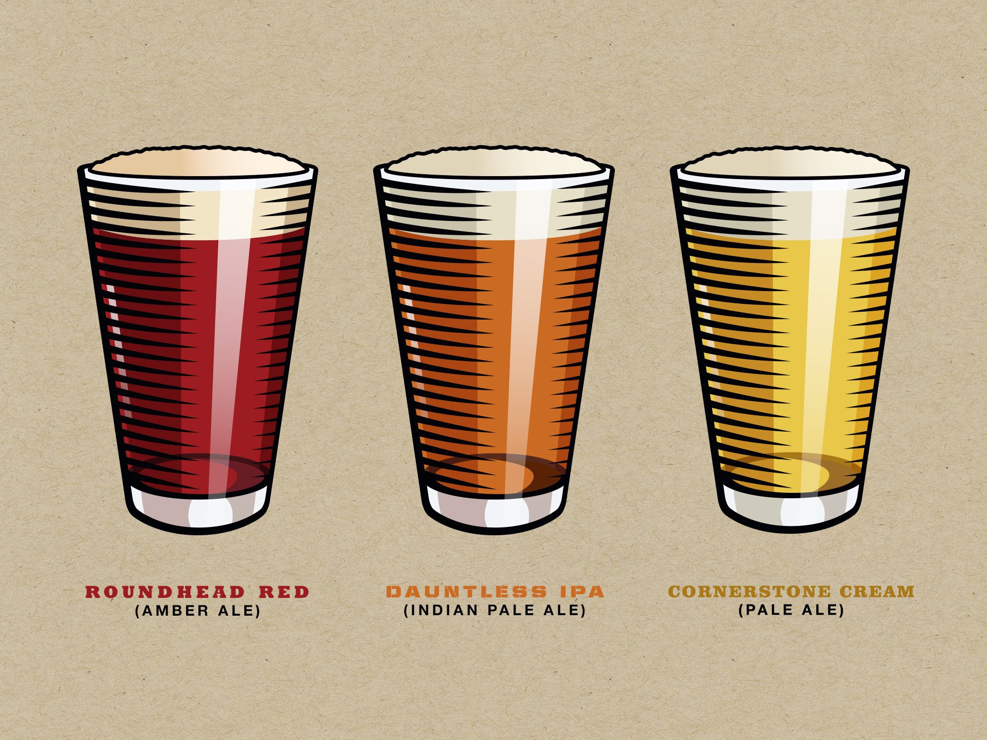Three illustrations of beer glasses for Solid Rock Brewing's sixpack cartons and labels